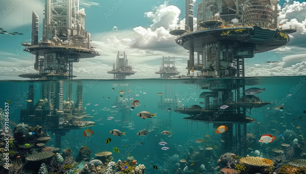 Obraz premium An intricate cityscape with tall structures rising from the water