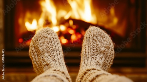 Feet in warm knitted socks against the background of a fireplace photo