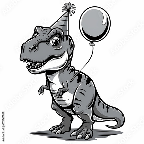 A baby T-Rex wearing a party hat and holding a balloon, Cartoon illustration