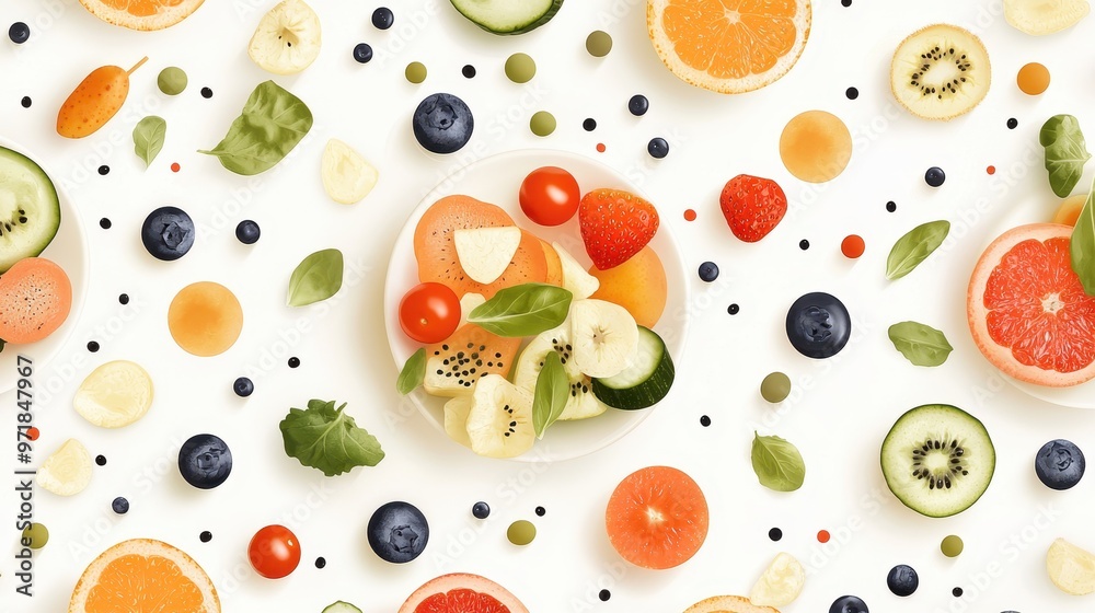 Fresh Fruit and Vegetable Salad with White Background Fresh Fruit and Vegetable Salad with White Background