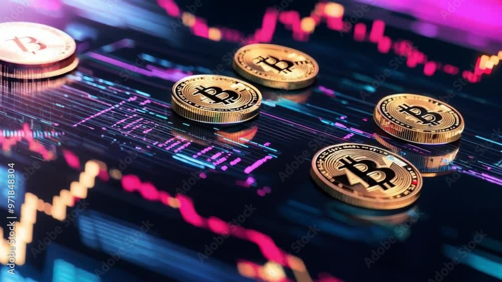 Motion of A futuristic financial system powered by blockchain, glowing digital coins and data streams, vibrant neon colors, 3D render.