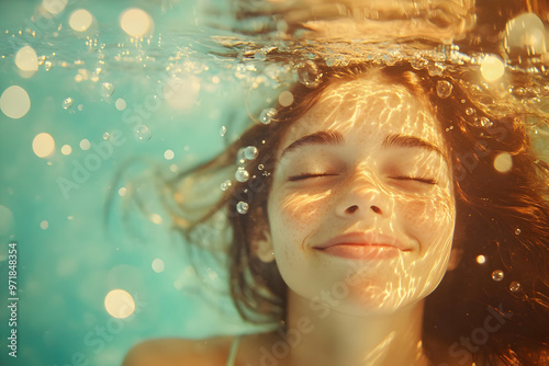 A serene underwater portrait of a girl smiling peacefully, illuminated by shimmering sunlight and gentle bubbles.