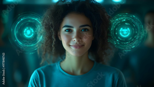 A confident young woman with curly hair smiles in a futuristic setting, surrounded by glowing digital elements.