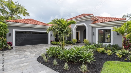 Modern Home Exterior with Palm Trees and Landscaped Garden