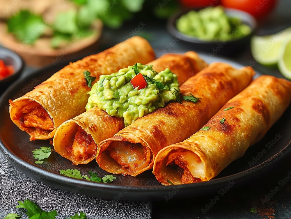 Chicken and cheese taquitos with guacamole, Fast food, Mexican snack Chicken and cheese taquitos with guacamole, Fast food, Mexican snack