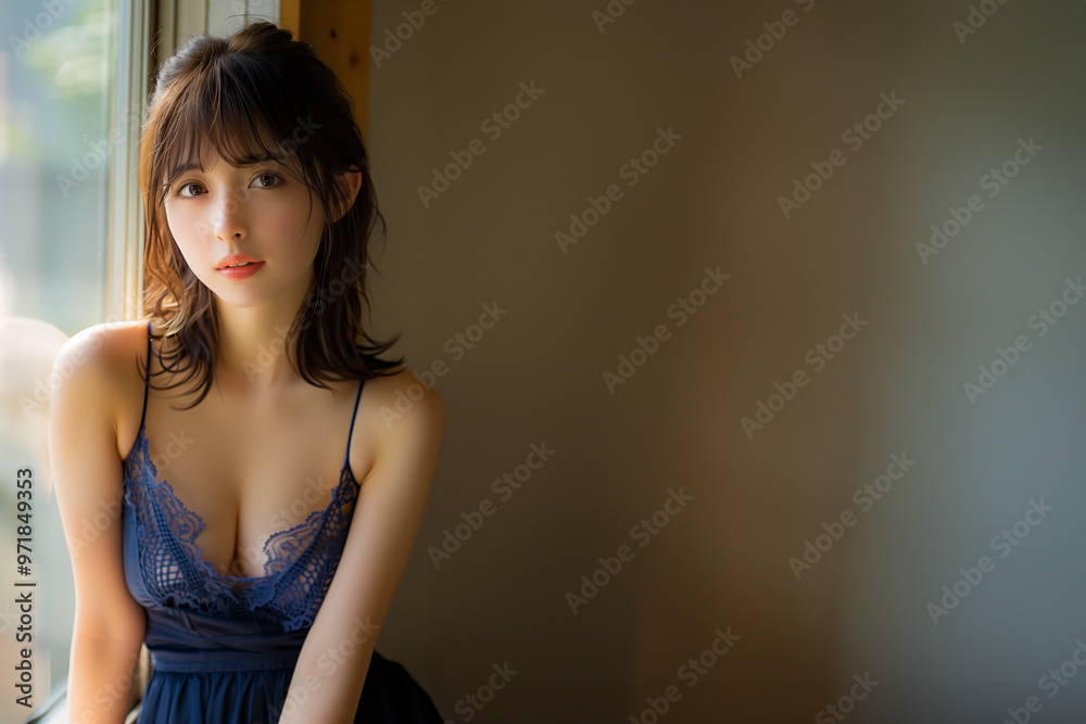 室内で自然光を浴びる美しい女性 室内で自然光を浴びる美しい女性