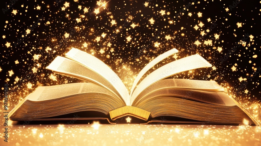 Open Book with Golden Stars and Magic Light Open Book with Golden Stars and Magic Light