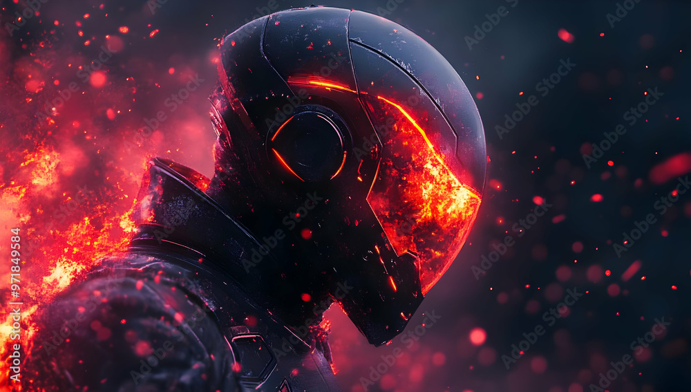 Naklejka premium A futuristic warrior in a glowing helmet, surrounded by a fiery aura, embodying power and intensity in a sci-fi environment.