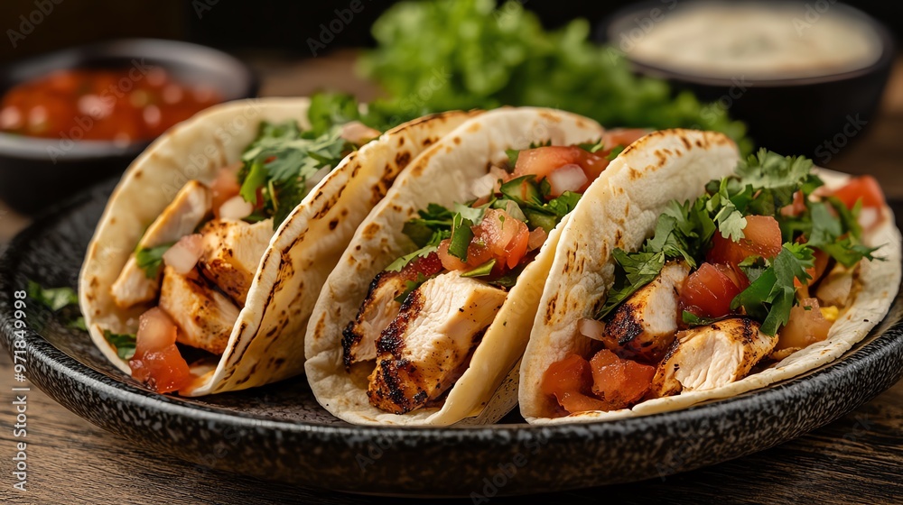 Soft taco with grilled chicken, salsa, and cheese, Fast food, Mexican flavor Soft taco with grilled chicken, salsa, and cheese, Fast food, Mexican flavor