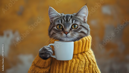 A cute cat in a yellow sweater holding a cup, creating an adorable and cozy atmosphere for pet lovers and enthusiasts. photo