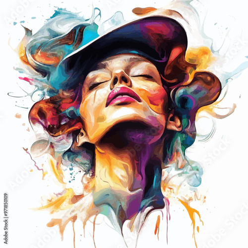 Vivid abstract portrait of a woman with flowing colorful hair, celebrating creativity and self-expression with splashes of paint and dynamic movement.