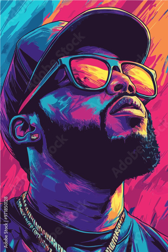 Vibrant vector illustration of a male rapper in sunglasses and a baseball cap. Urban street style concept with bold neon colors and high contrast.