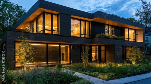 Modern House with Illuminated Garden at Dusk