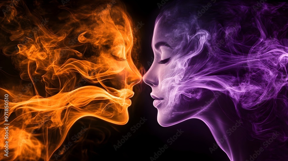 A captivating artistic representation of two faces formed by colorful smoke, symbolizing connection and duality. A captivating artistic representation of two faces formed by colorful smoke, symbolizing connection and duality.