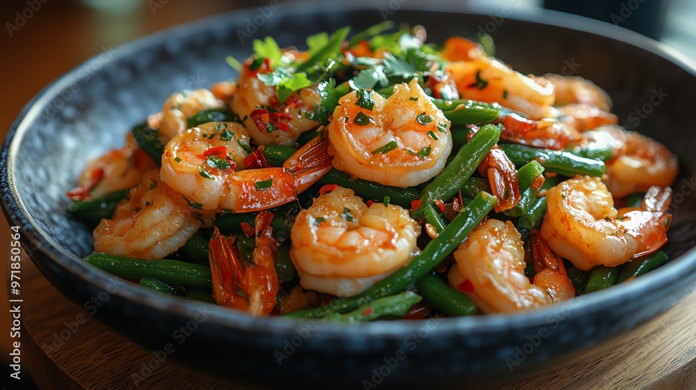 Thaistyle shrimp stirfried with green beans and red chili, Thai shrimp stirfry, spicy seafood dish Thaistyle shrimp stirfried with green beans and red chili, Thai shrimp stirfry, spicy seafood dish