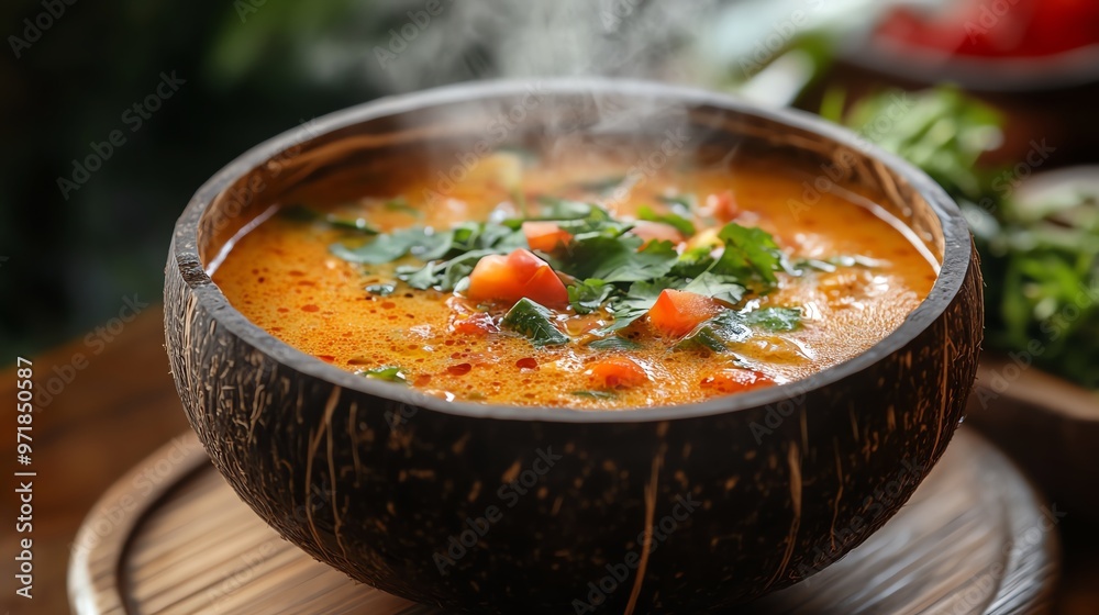 Tom Yum soup served in a coconut shell, with steam rising and fresh herbs, Tom Yum, spicy Thai soup Tom Yum soup served in a coconut shell, with steam rising and fresh herbs, Tom Yum, spicy Thai soup