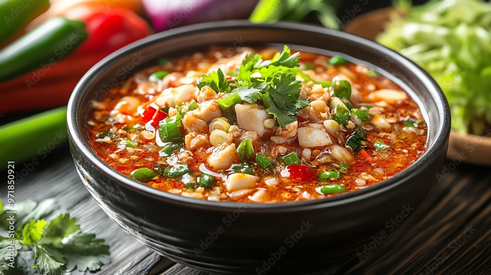 Bowl of Isaanstyle fermented fish dip Pla Ra with vegetables, Pla Ra, regional Thai flavor Bowl of Isaanstyle fermented fish dip Pla Ra with vegetables, Pla Ra, regional Thai flavor