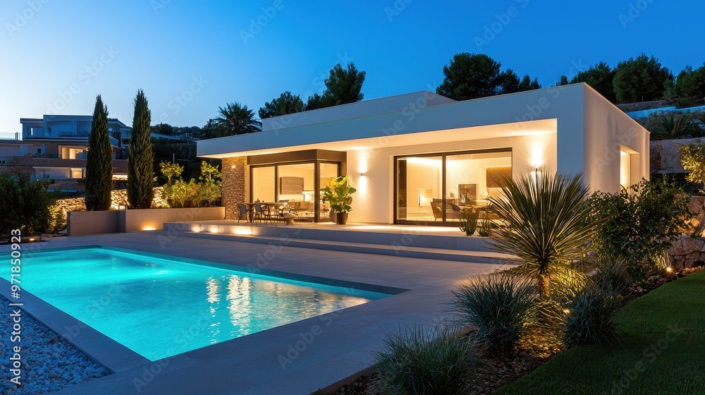 Fototapeta premium Modern Villa with Swimming Pool at Night