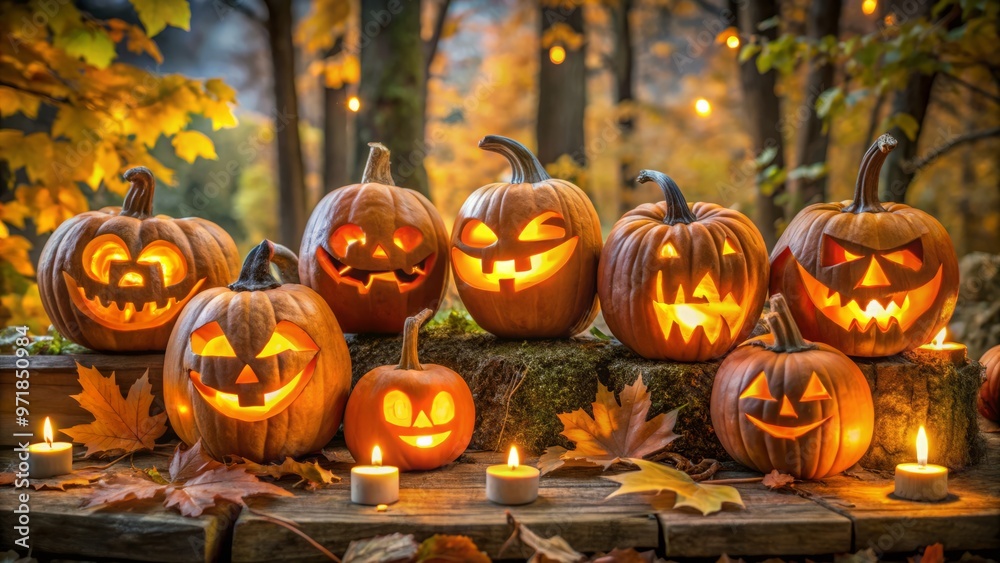 Fototapeta premium Amidst the rustling leaves and golden twilight, glowing jack-o'-lanterns cast an eerie light, their intricate faces