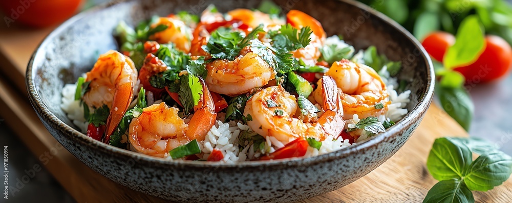 Bowl of Isaanstyle spicy shrimp salad with roasted rice, Isaan shrimp salad, zesty seafood Bowl of Isaanstyle spicy shrimp salad with roasted rice, Isaan shrimp salad, zesty seafood