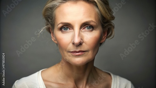 A middle-aged woman with understated makeup and her hair neatly pulled back presents a calm demeanor, her expression photo