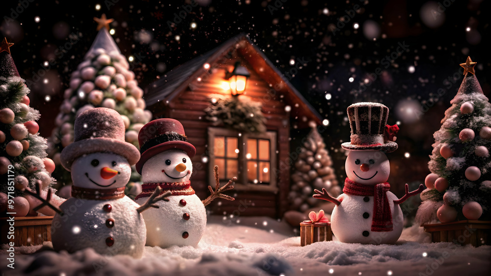 Obraz premium Magical Christmas image with adorable snowmen and a warm, inviting home.
