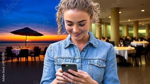 Woman Looking at Potential Vacation Destinations on Phone Generative AI photo