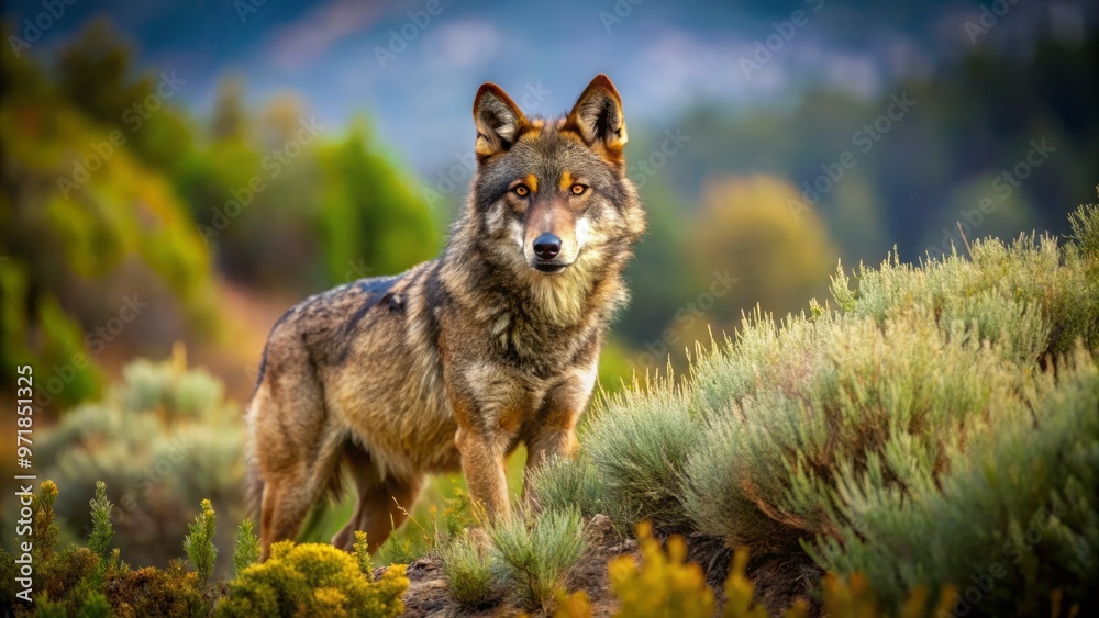 Fototapeta premium Among ancient oak trees, a majestic Iberian wolf roams freely, its gray coat blending seamlessly into the rugged