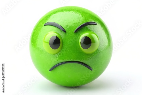 A bright green emoticon face with a scrunched-up expression and furrowed eyebrows, conveying a sense of frustration, photo