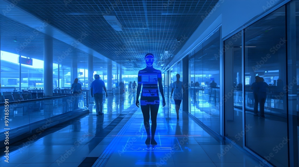 A futuristic scene with a glowing figure in a bustling airport, showcasing advanced technology and human interaction. A futuristic scene with a glowing figure in a bustling airport, showcasing advanced technology and human interaction.