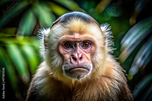 A cantankerous capuchin monkey with a misshapen face and mismatched eyes scowls, its fur matted and dirty, in