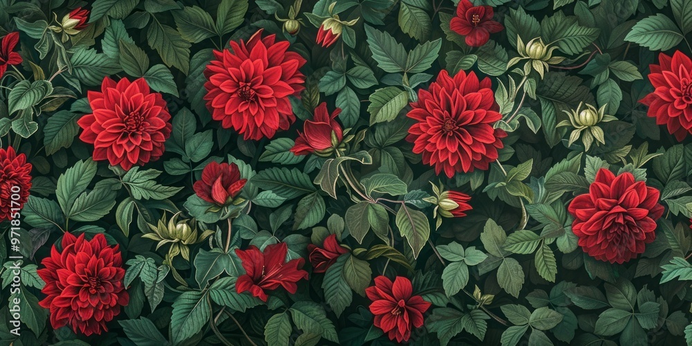 A beautiful floral pattern with red blooms and green leaves A beautiful floral pattern with red blooms and green leaves