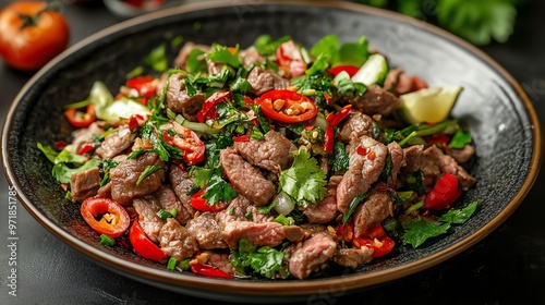 Isaanstyle spicy beef salad with fresh herbs and chili, Isaan beef salad, zesty dish