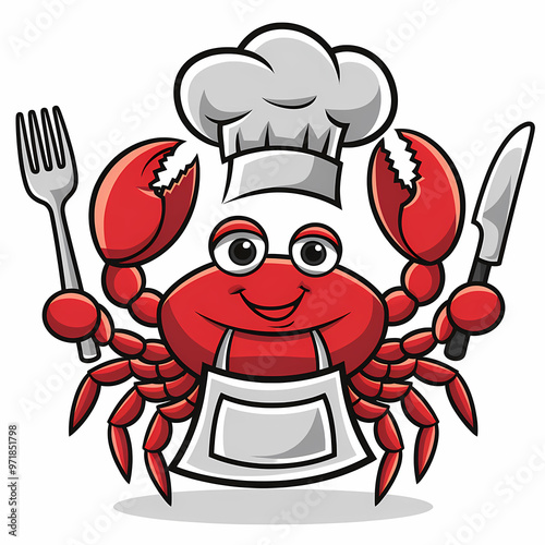 A crab holding a fork and knife, Cartoon illustration