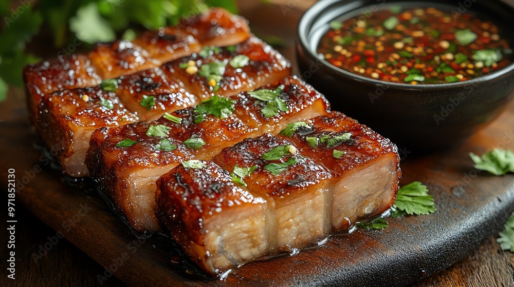 Thaistyle crispy pork belly served with a spicy dipping sauce, Thai crispy pork belly, street food delight Thaistyle crispy pork belly served with a spicy dipping sauce, Thai crispy pork belly, street food delight