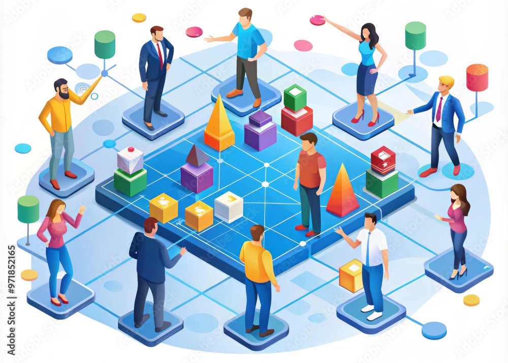 A colorful illustration depicts multiple players engaging in strategic interactions, symbols, and graphs, showcasing A colorful illustration depicts multiple players engaging in strategic interactions, symbols, and graphs, showcasing
