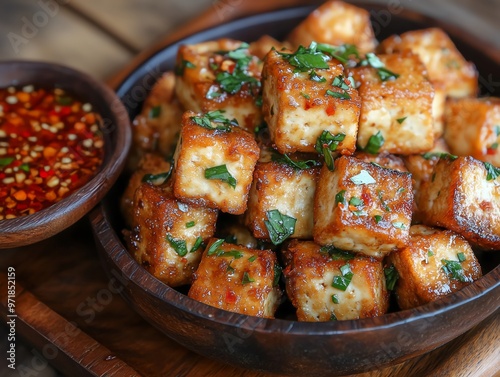 Thaistyle deepfried tofu with sweet chili sauce, Thai deepfried tofu, vegetarian appetizer photo