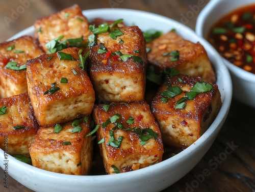 Thaistyle deepfried tofu with sweet chili sauce, Thai deepfried tofu, vegetarian appetizer