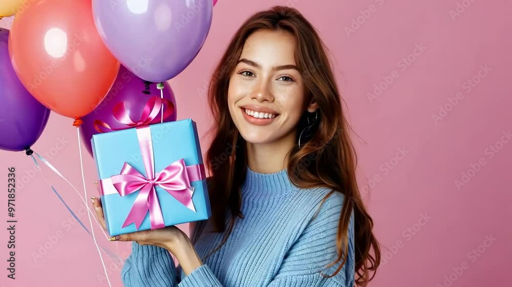 Celebrating a joyful moment with balloons and a gift in a bright, cheerful setting Celebrating a joyful moment with balloons and a gift in a bright, cheerful setting