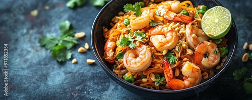 Thaistyle shrimp pad Thai with fresh lime and peanuts, Thai shrimp pad Thai, classic noodle dish