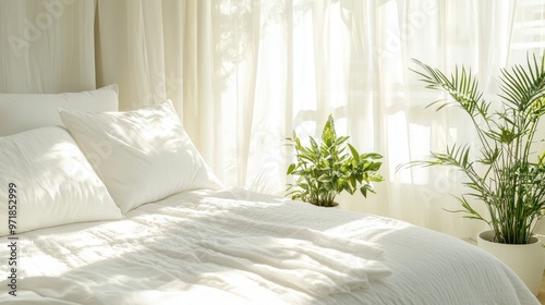 White Bedding with Green Plants and Sunlight