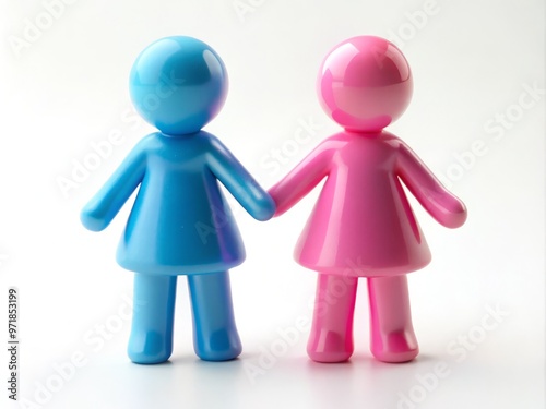 A delicate, interlocking figurine pair, one pink and one blue, symbolizing harmony and unity, stand together on a photo