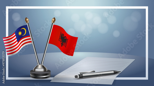 Malaysia and Albania Small national flag on bokeh background, cooperative relationship