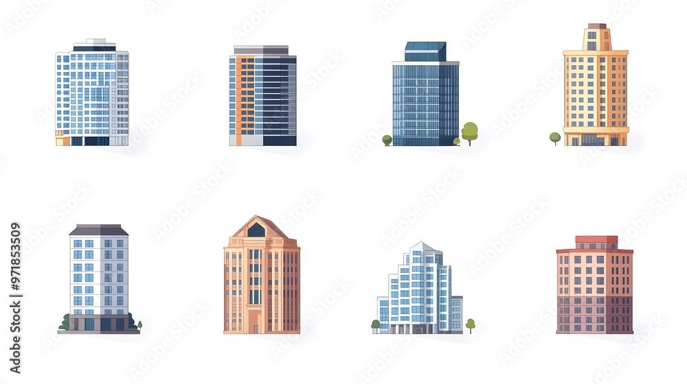 Collection of Various Modern Skyscrapers and High-Rise Buildings with Shadows Collection of Various Modern Skyscrapers and High-Rise Buildings with Shadows