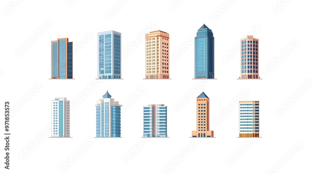 Collection of Cartoon-Style Skyscrapers with Different Designs Collection of Cartoon-Style Skyscrapers with Different Designs
