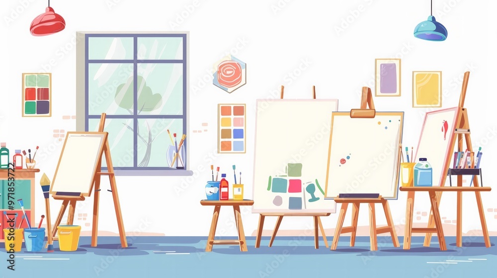 Bright cartoon art studio with easels and paints, on white background with ample copy space. Bright cartoon art studio with easels and paints, on white background with ample copy space.