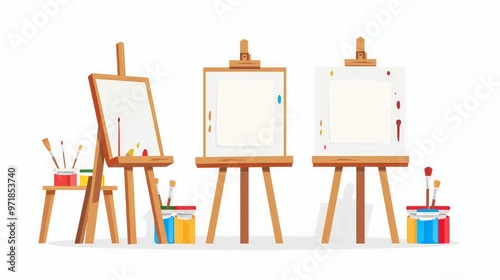 Bright cartoon art studio with easels and paints, on white background with ample copy space.