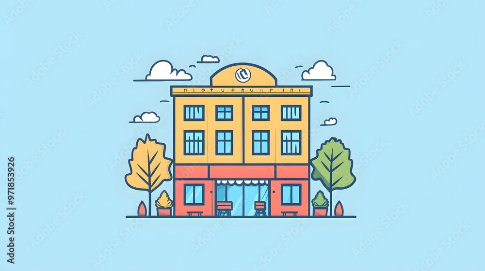 Fototapeta premium A yellow building with a red awning and outdoor seating