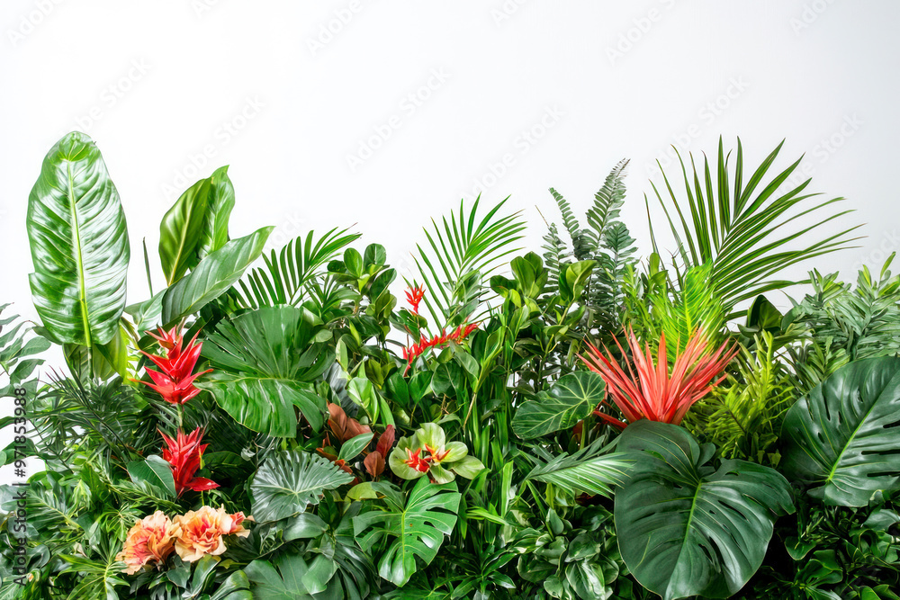 Lush green tropical plants bush floral arrangement on white background. Lush green tropical plants bush floral arrangement on white background.