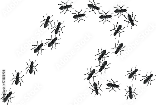 Colony of black ants is marching, creating a dynamic and scattered composition on a white background